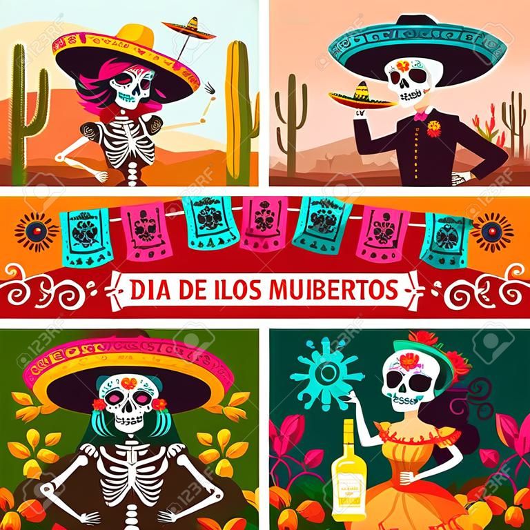Dia de los Muertos, Mexican day of dead celebration. Vector dancing skeletons on graveyard, calavera skulls or catrina heads. Man in sombrero and woman in dresses, tequila and maracas, cactuses