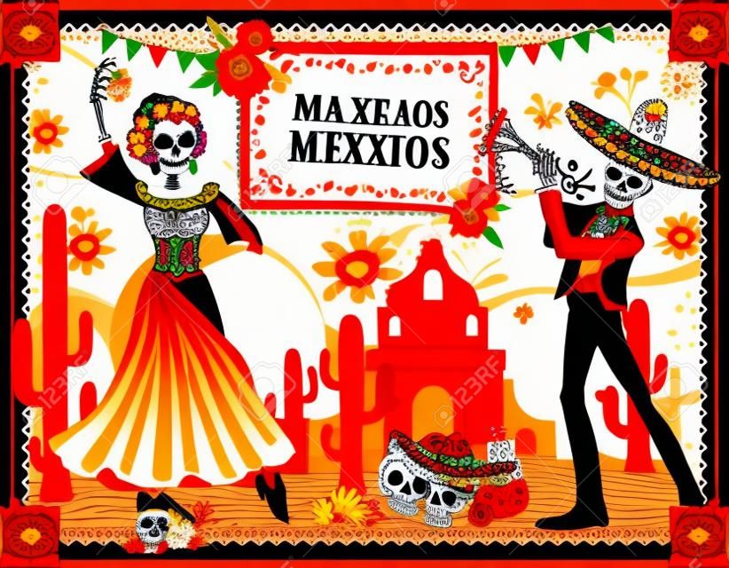 Día mexicano de los muertos que bailan el diseño vectorial de esqueletos de la fiesta del Día de los Muertos. Esqueletos de Catrina, bailaora y festival de mariachi, calavera de azúcar, sombrero y flores de caléndula