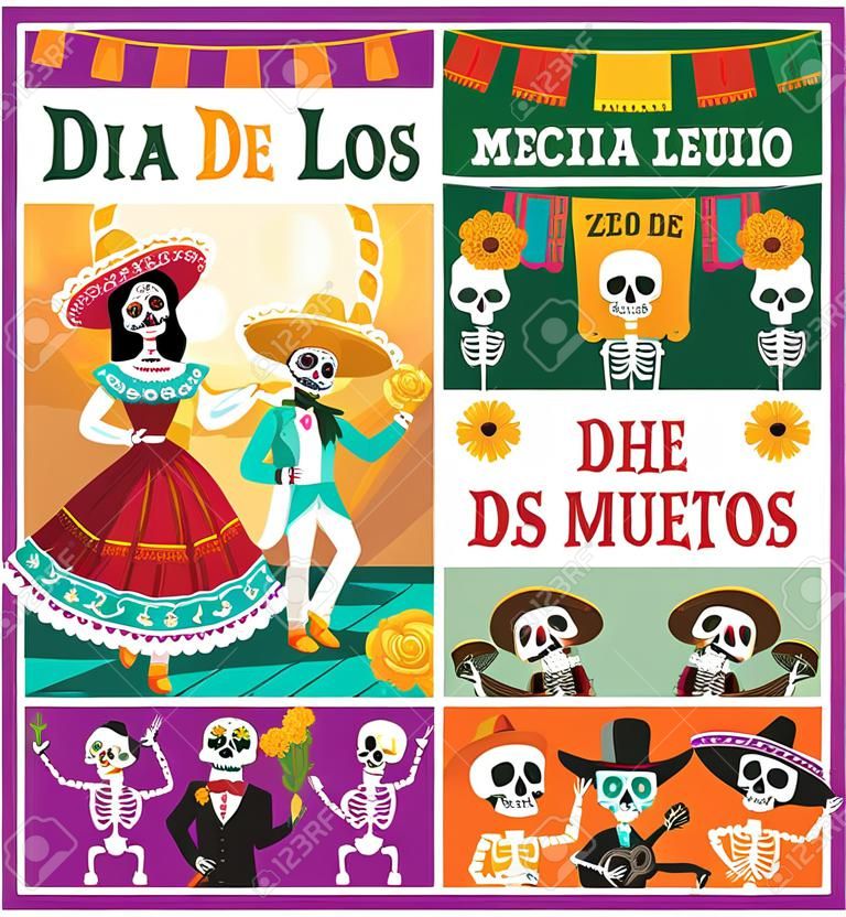 Squelettes de danse de Dia de los Muertos Conception de vecteur de vacances mexicaines. Autel du Jour des Morts avec crânes en sucre, Catrina Calavera et mariachi avec sombrero et guitare, fleur de souci et bruant festif