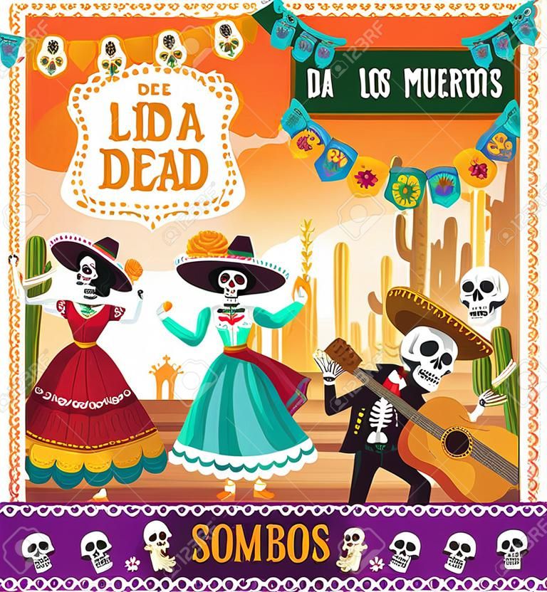 Dansende skeletten van Dia de los Muertos Mexicaanse vakantievector ontwerp. Dag van Dode altaar met suiker schedels, Catrina Calavera en mariachi met sombrero en gitaar, goudsbloem en feestelijke bunting