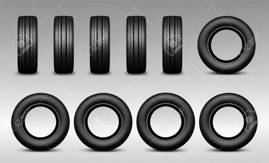 Car tire in vector, front side views. Vector vehicle tyres, round component surround wheel rim, provide traction on surface. Transport rubber wheel, types of tires with variety of tread patterns