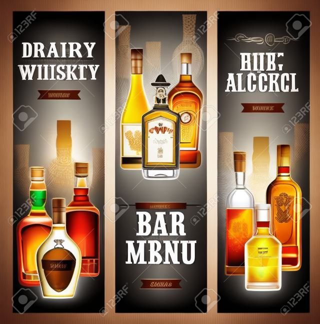 Drinks menu vector design of bar or restaurant. Bottles of alcohol beverages, wine, vodka and whiskey, gin, cognac and tequila, brandy, martini and liquor, absinthe, bourbon and scotch sketches