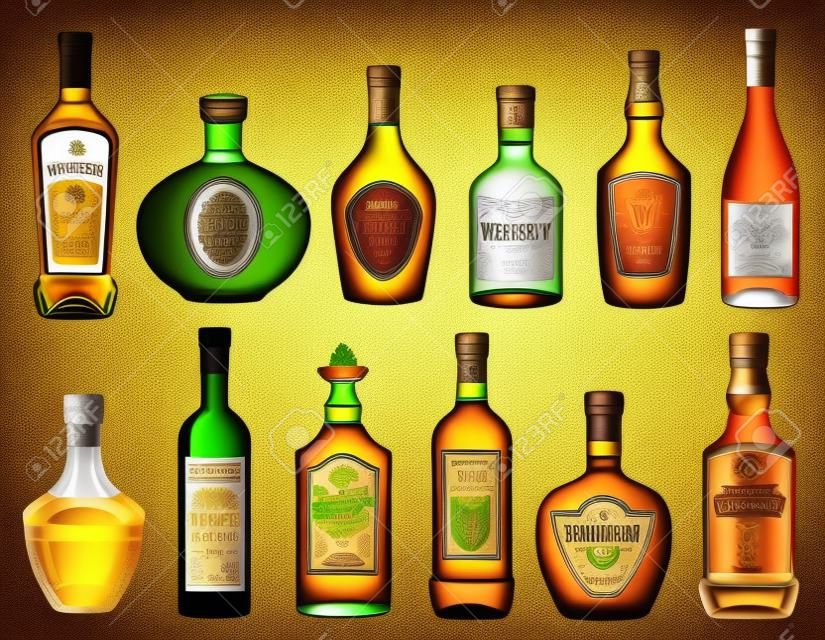 Alkoholgetränkeflaschen, Barkarte, Getränkesymbole. Vektorisolierte Flaschen Qualitätswein, Rum und Brandy, Scotch Whisky und Wodka, Elite-Alkohol-Cognac mit Absinth, Tequila und Bourbon