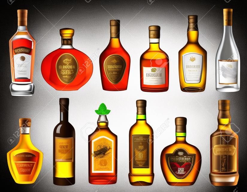 Bouteilles de boissons alcoolisées, menu de bar, icônes de boissons. Image vectorielle bouteilles isolées de vin de qualité, de rhum et de brandy, de whisky écossais et de vodka, de cognac d'alcool d'élite avec absinthe, tequila et bourbon