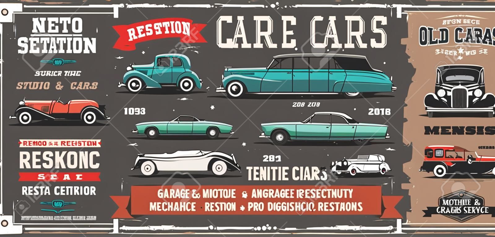 Retro cars, vintage old vehicle tuning and garage station service. Vector rarity and antique motor cars show, repair and diagnostic center, engine and chassis restoration mechanic garage