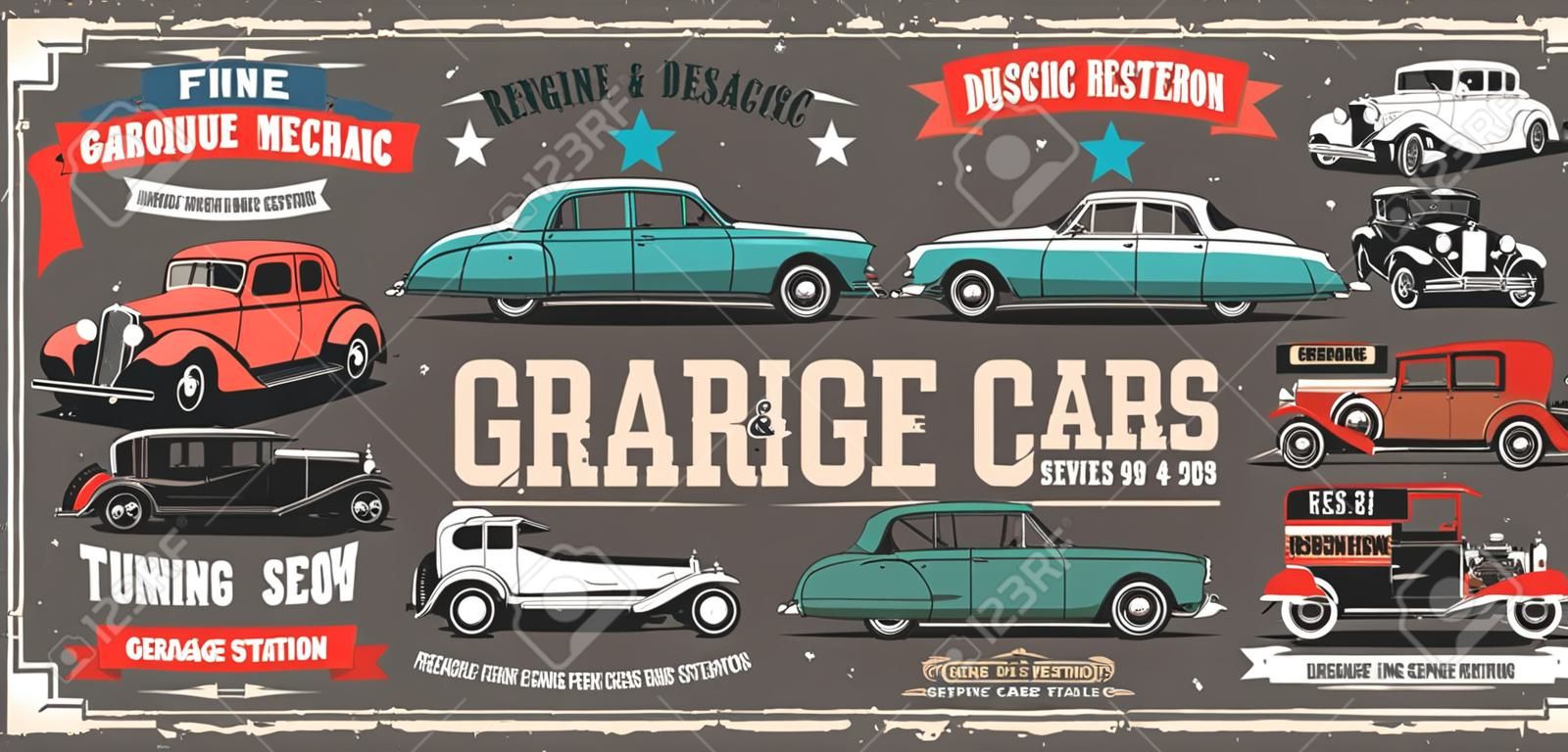 Retro cars, vintage old vehicle tuning and garage station service. Vector rarity and antique motor cars show, repair and diagnostic center, engine and chassis restoration mechanic garage