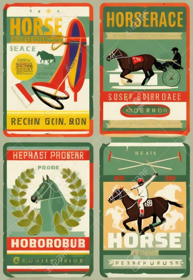 Poster vettoriali di corse di cavalli, polo e club di equitazione con cavalli da corsa, fantino e cavaliere all'ippodromo. Cavallo da corsa sportivo equestre, mazzuolo e virata equina, ferro di cavallo, ippodromo e ippodromo dal design retrò
