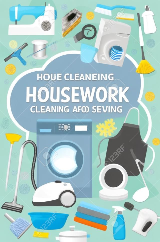 Schoonmaakservice, professionele huishoudelijke wasserette, wassen, naaien en naaldwerk. Vector reinigingsgereedschappen en -artikelen, vloermop, stofzuiger, sponzen, was- en naaimachine