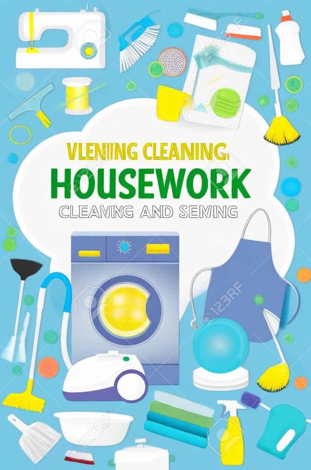 Schoonmaakservice, professionele huishoudelijke wasserette, wassen, naaien en naaldwerk. Vector reinigingsgereedschappen en -artikelen, vloermop, stofzuiger, sponzen, was- en naaimachine