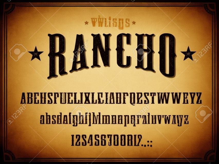 Wild West Western Alphabet Schriftart Vektor-Design. Vintage-Schrift und Schrift mit Groß- und Kleinbuchstaben, Zahlen und Satzzeichen, Cowboy-Ranch, alte amerikanische und texanische Saloon-Themen