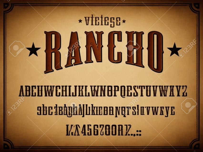 ワイルド・ウエスト・ウェスタンアルファベットフォントベクトルデザイン。ヴィンテージタイプと大文字と小文字、数字と句読点の書体、カウボーイ牧場、古いアメリカとテキサスのサルーンのテーマ