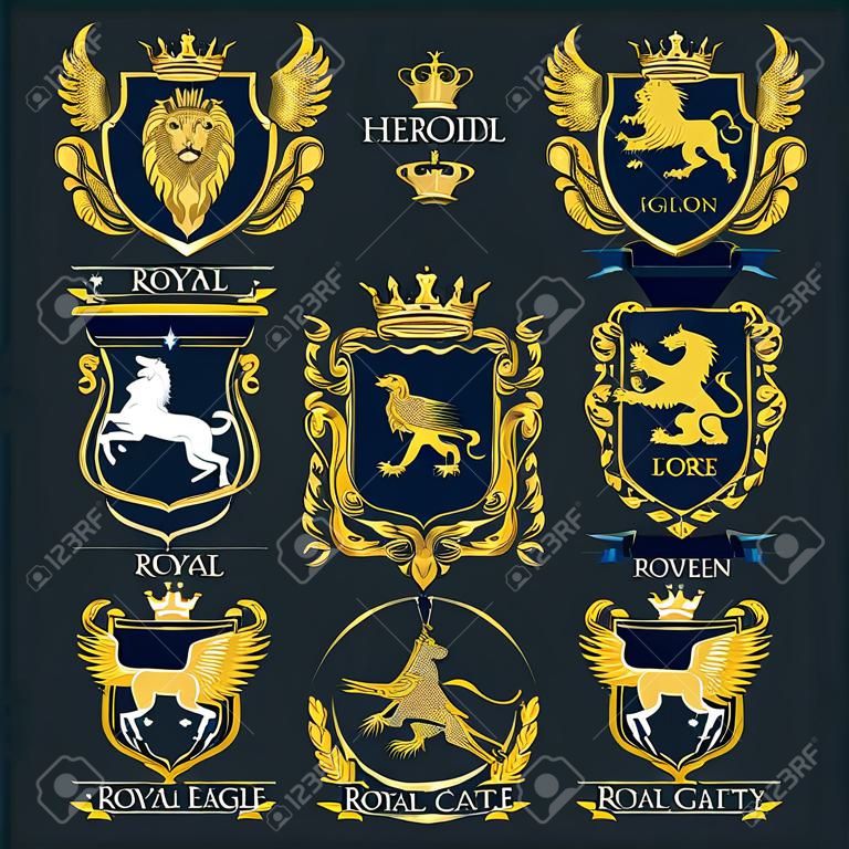 Zwierzęta heraldyczne, herby królewskie heraldyki, koń Pegaz, lew gryf i ikony średniowiecznego orła. Wektor cesarskie tarcze heraldyczne i herb, gryf i gryf ze złotą koroną królewską