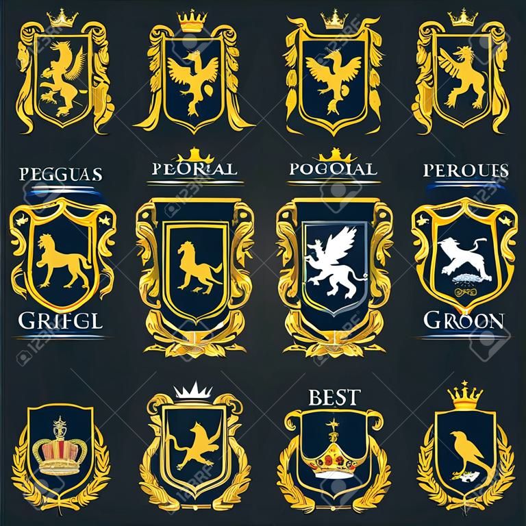 紋章動物、王室の紋章のエンブレム、ペガサスの馬、グリフィンライオンと中世のワシのアイコン。ベクトル帝国の紋章シールドと紋章、グリフォンとグリフォン黄金の王座