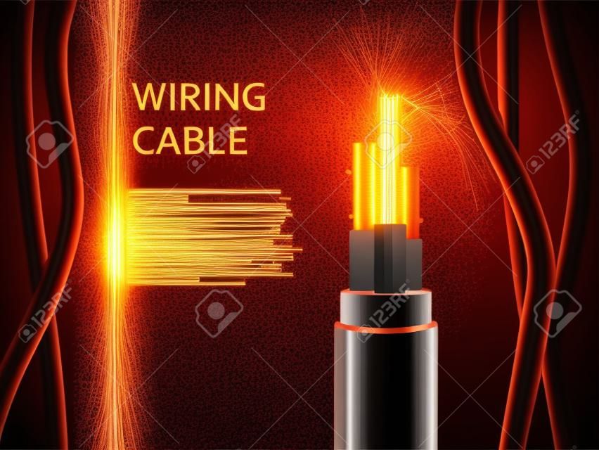 Kabel połączeniowy z miedzianymi iskrami połysku, plakat wektor. Realistyczny kabel druciany w cięciu z kolorowymi przewodami łączącymi, tłem technologii kabli elektrycznych, internetowych i telewizyjnych