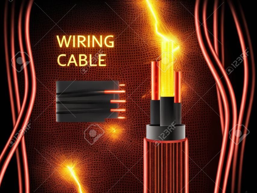 Cable de cableado con chispas de brillo de cobre, cartel de vector. Cable de alambre realista en corte con cables de color de conexión, fondo de tecnología de cable de electricidad, internet y televisión