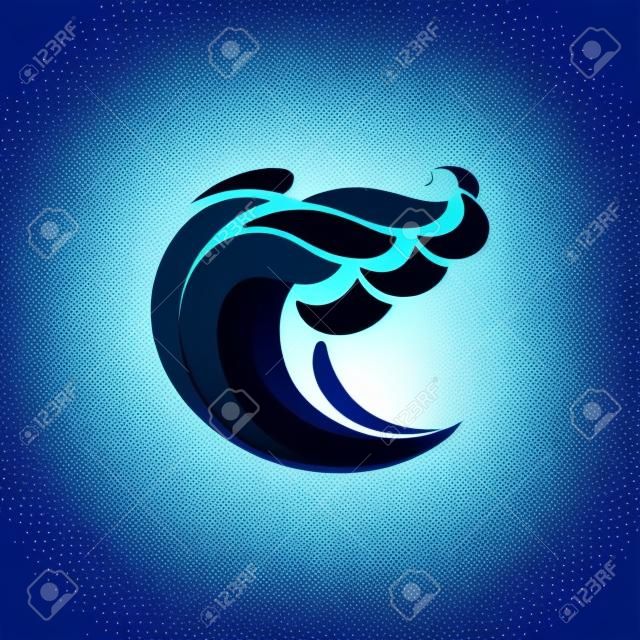 Navy blauwe oceaan golf vector illustratie. Abstract zee golf, water splash, tij cartoon sticker. Schone zoutwater swirl, krullen. Tropical resort logotype design element. Surf logo idee