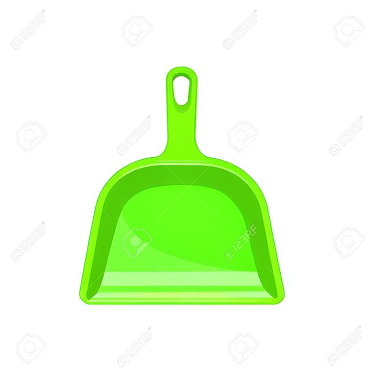 Green dustpan isolated cleaning scoop. Vector plastic tool to gather rubbish and dust