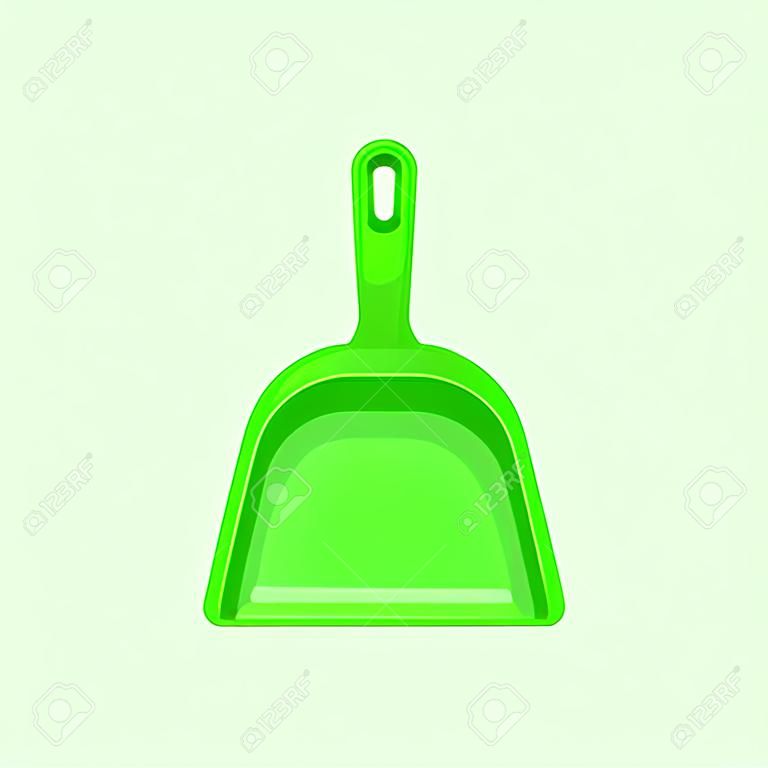 Green dustpan isolated cleaning scoop. Vector plastic tool to gather rubbish and dust