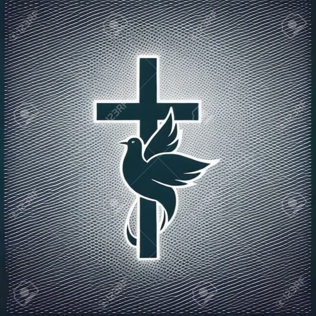Dove op vrede en kruis geïsoleerde religie symbool. Vector heilige geest vogel en kruisbeeld