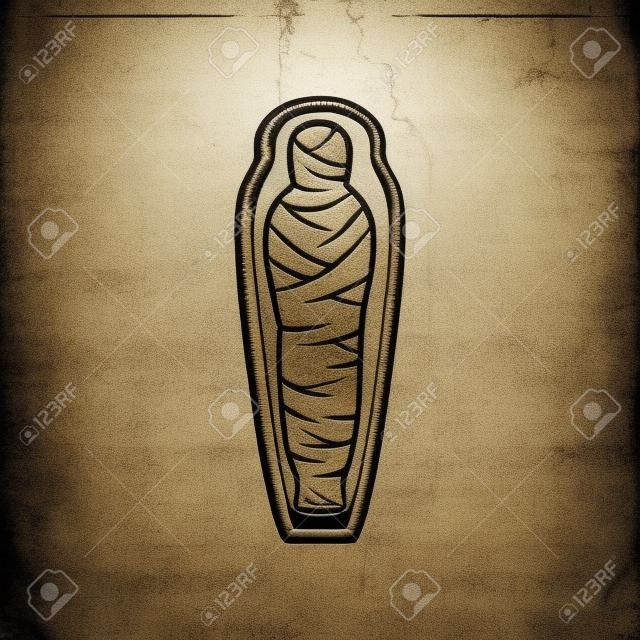 Múmia egípcia antiga no sarcófago isolado ícone monocromático. Vector mumificado pessoa, faraó morto
