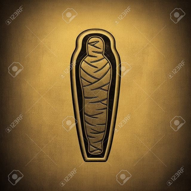 Ancient Egyptian mummy in sarcophagus isolated monochrome icon. Vector mummified person, dead pharaoh