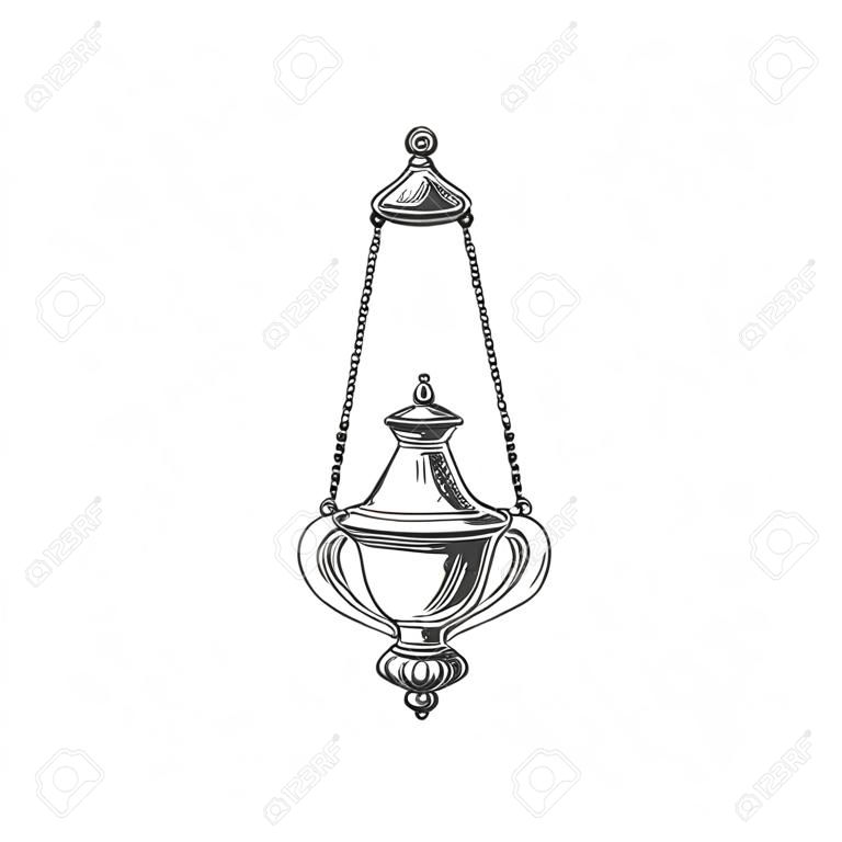 Church thurible, Christian religion icon. Vector priest censer of religious mass, Christianity Orthodox and Catholic priest symbol