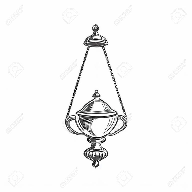 Church thurible, Christian religion icon. Vector priest censer of religious mass, Christianity Orthodox and Catholic priest symbol