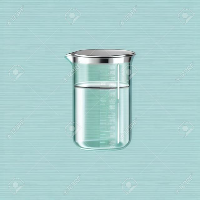 Glass flask isolated measuring cup. Vector chemical measuring jug with green liquid fluid