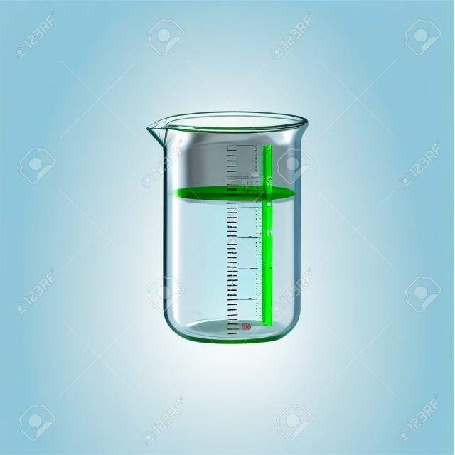 Glass flask isolated measuring cup. Vector chemical measuring jug with green liquid fluid