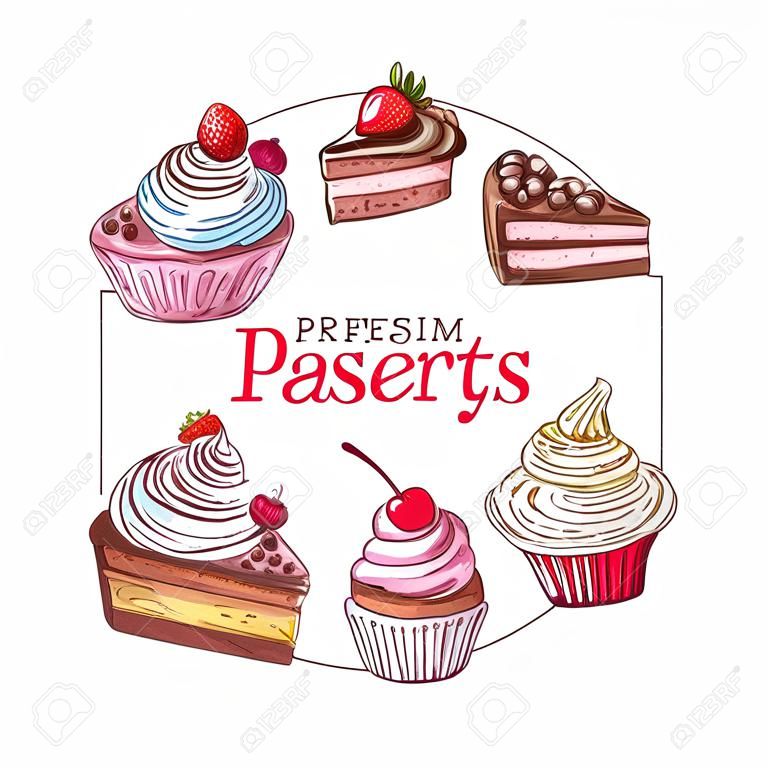 Postres de pastelería, dulces y pasteles de panadería pastelería, dibujo vectorial. Menú de repostería y postres cupcakes, tarta de queso y muffins con fresa, frutos rojos, caramelo y nata montada