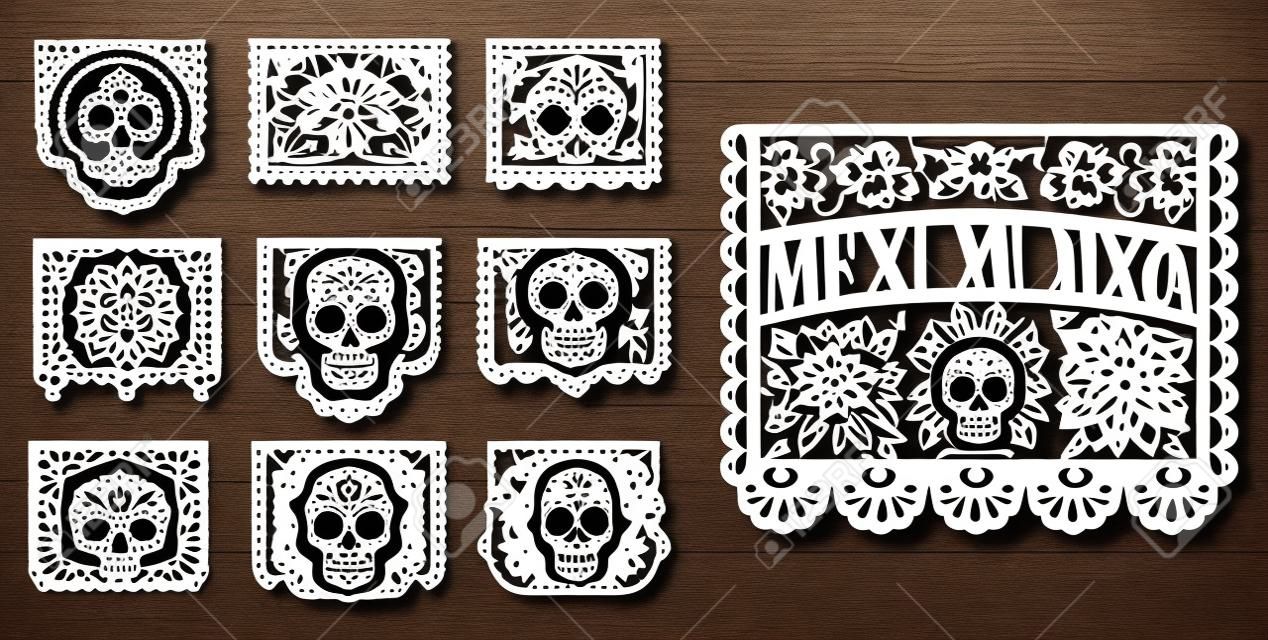 Mexican Day of Dead, papel picado isolated paper cutting flags templates. Vector traditional Mexico Dia de los muertos laser cutting decoration with floral pattern, mariachi skulls, sun and birds