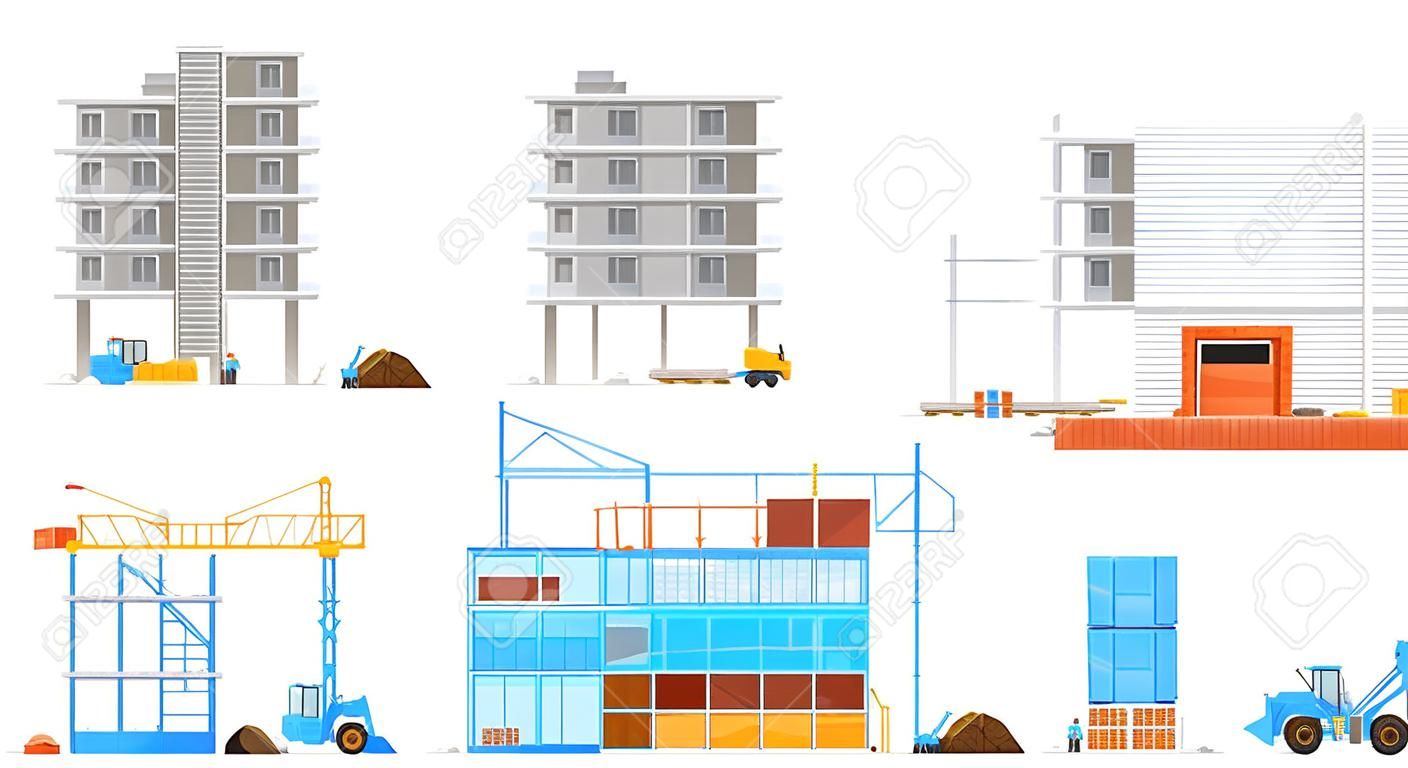 Building construction of house, store or warehouse isolated vector icons. Working cranes put a stone blocks on facade with building materials and sand around. Urban architecture build process