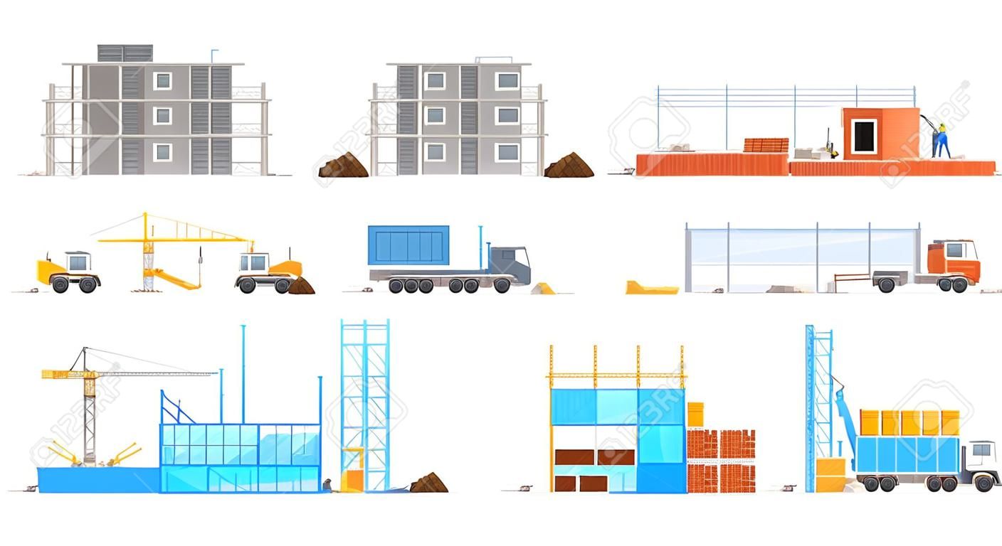 Building construction of house, store or warehouse isolated vector icons. Working cranes put a stone blocks on facade with building materials and sand around. Urban architecture build process