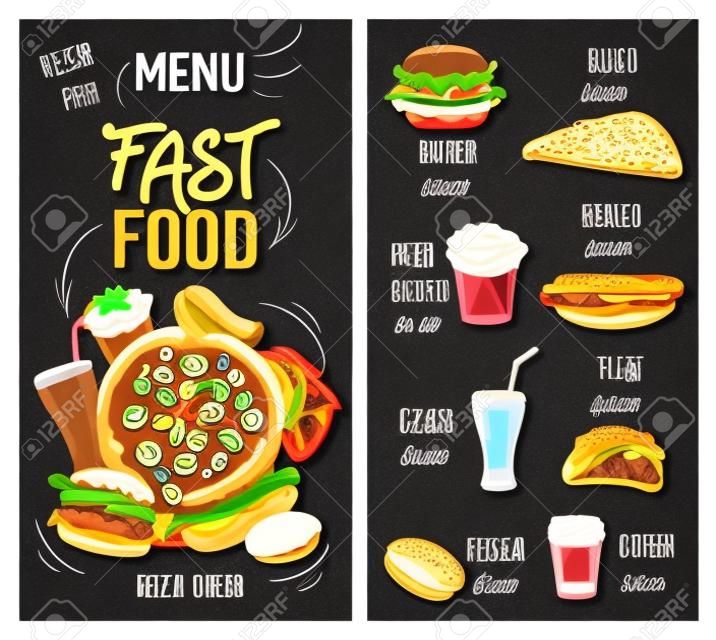 Fast food schizzo lavagna menu hamburger, pizza e hamburger, panini caffè ristorante vettoriale. Menu fastfood per cheeseburger, patatine fritte e tacos messicani, caffè, bibite gassate e ciambelle