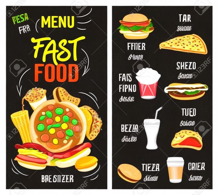 Fast food schizzo lavagna menu hamburger, pizza e hamburger, panini caffè ristorante vettoriale. Menu fastfood per cheeseburger, patatine fritte e tacos messicani, caffè, bibite gassate e ciambelle