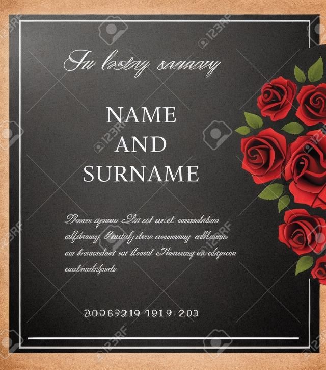 Modelo de vetor de cartão funerário, obituário de condolências vintage com tipografia em memória amorosa e flores de rosa vintage, local para o nome, datas de nascimento e morte.