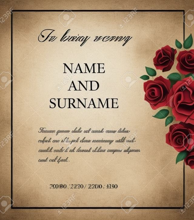 Modelo de vetor de cartão funerário, obituário de condolências vintage com tipografia em memória amorosa e flores de rosa vintage, local para o nome, datas de nascimento e morte.