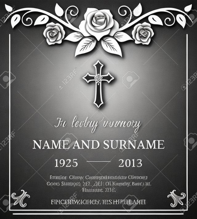 Funeral card template, condolence flower ornament with cross, name, birth and dates. Obituary memorial, gravestone engraving with fleur de lis symbols in corners, vintage funeral card