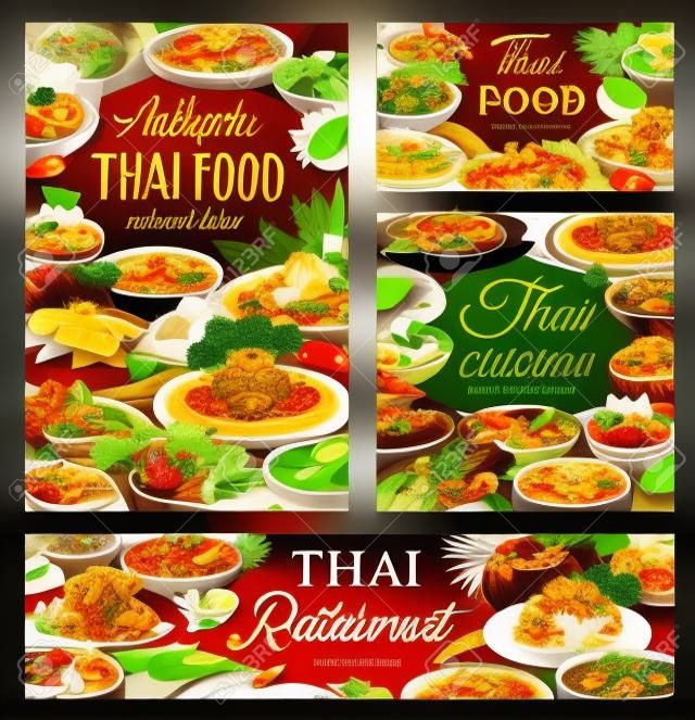 Thailand cuisine restaurant meals banners. Thai food dishes. Spicy curry and soups with chicken and vegetables, rice, noodles and fish meatballs, sweet desserts with pineapple and coconut ice cream