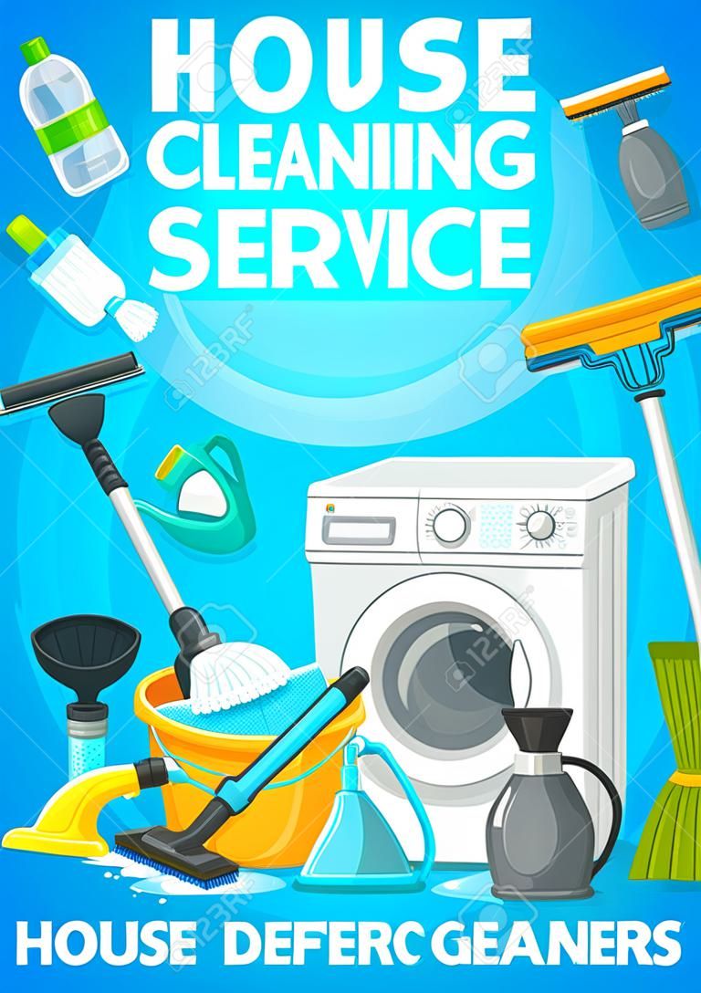 House cleaning service, clean home laundry and wash detergents, vector household cleaners. House cleaning service and laundry washing machine, floor mop and vacuum cleaner, water bucket and sponge