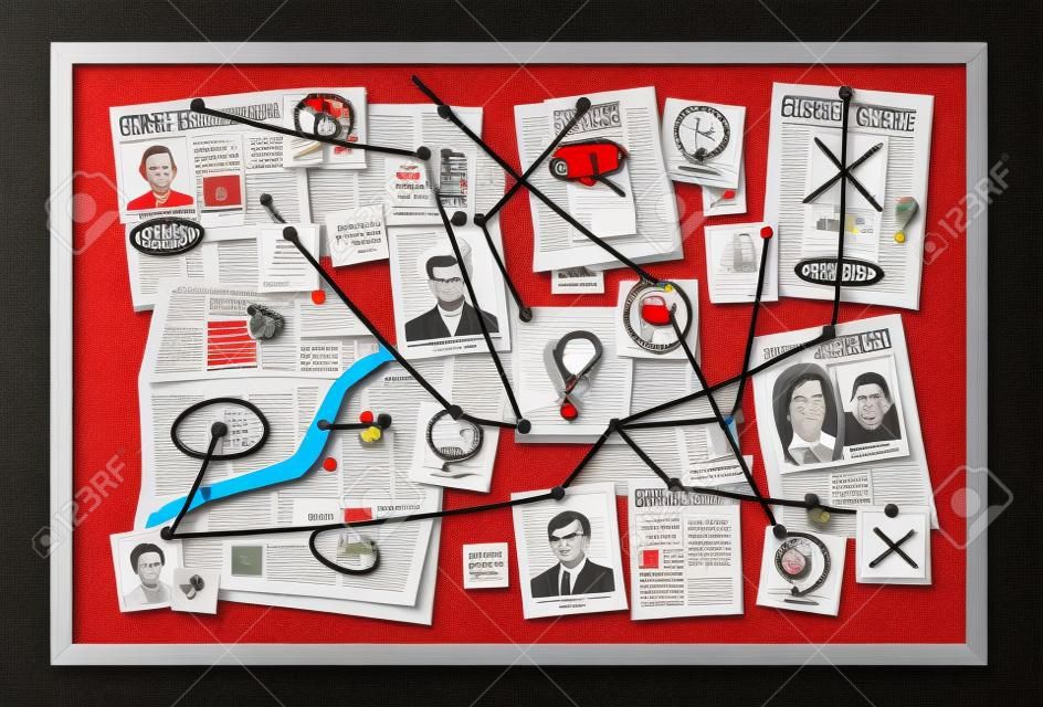 빨간 실로 연결된 핀과 증거가 있는 범죄 판, 고정된 사진, 신문, 물음표가 있는 스티커 메모가 있는 벡터 탐정 조사 테이블 지도. 범죄 해결을 위한 경찰 계획