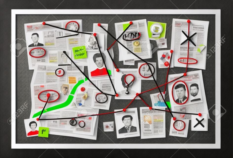 빨간 실로 연결된 핀과 증거가 있는 범죄 판, 고정된 사진, 신문, 물음표가 있는 스티커 메모가 있는 벡터 탐정 조사 테이블 지도. 범죄 해결을 위한 경찰 계획