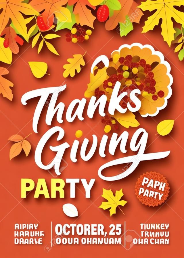 Thanks Giving party vector flyer with turkey, fallen leaves and rowanberry. Invitation poster for Thanksgiving day celebration, cartoon card with autumn maple, birch, poplar and oak leaves, free enter