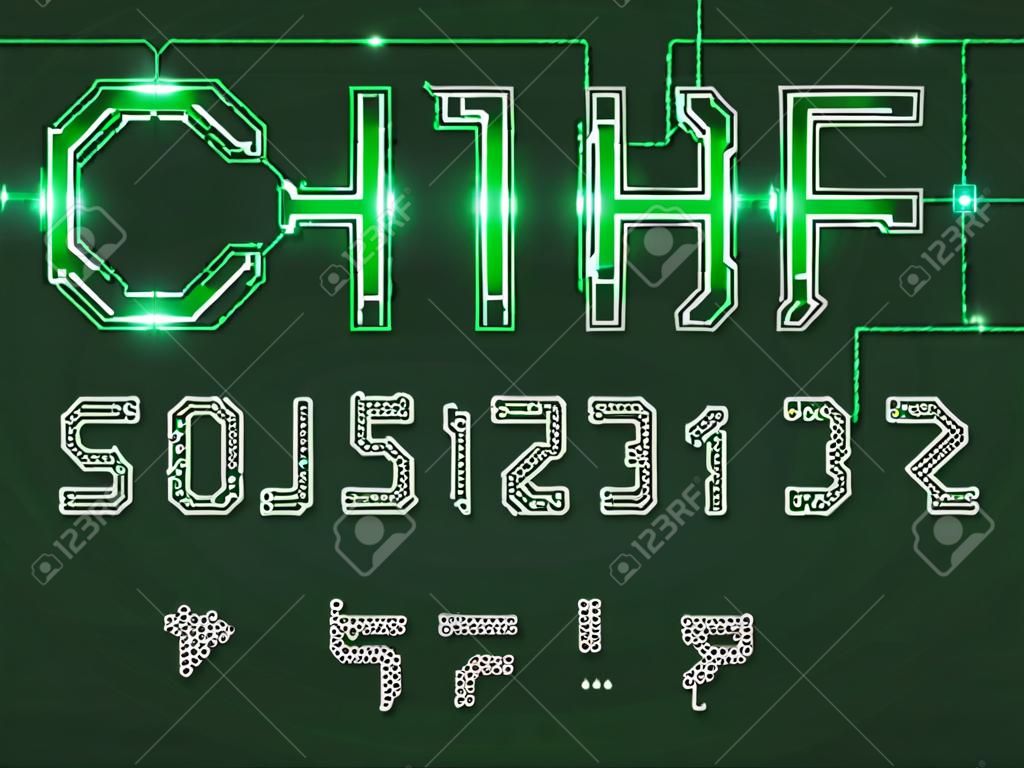 Font of printed circuit board, vector computer and digital data technologies. Alphabet letters and numbers type with motherboard or PCB electronic pattern with glowing LED lights and conductive tracks