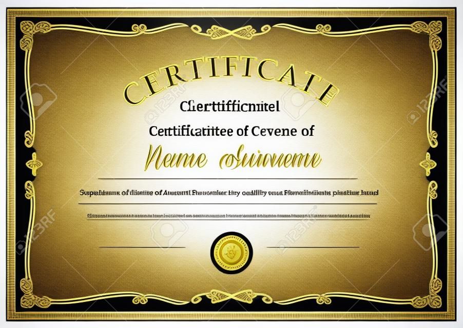 Certificate of achievement vector template, diploma border ornate design. Official award frame, paper document for winner appreciation or graduation with golden stamp and place for name and surname