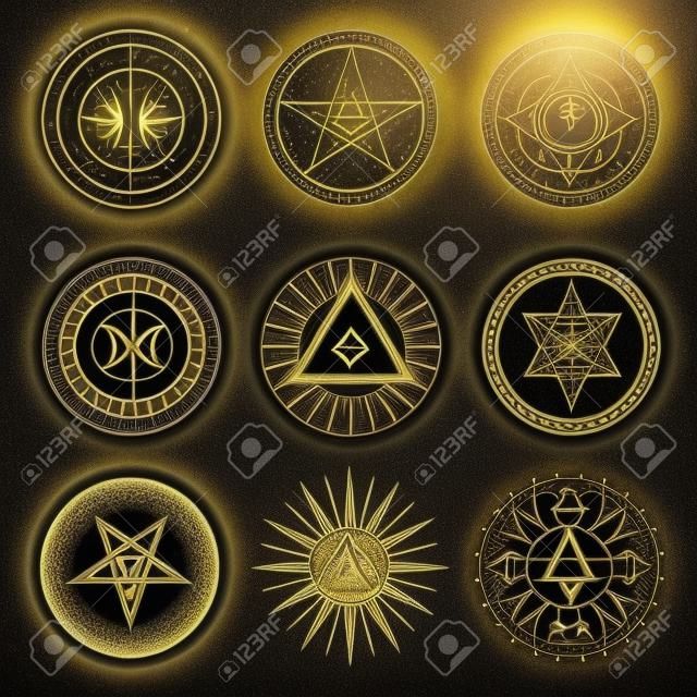 Znaki okultystyczne, okultyzm, symbole alchemii i astrologii. wektor świętej religii mistyczne emblematy magiczne oko, piramida murarska, egipski krzyż ankh, słońce lub księżyc z promieniami, zestaw ezoterycznych ikon pentagramów