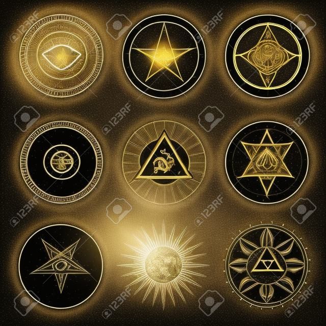 Signes occultes, occultisme, alchimie et symboles astrologiques. Image vectorielle religion sacrée emblèmes mystiques oeil magique, pyramide de maçonnerie, croix ankh égyptienne, soleil ou lune avec rayons, ensemble d'icônes ésotériques pentagrammes
