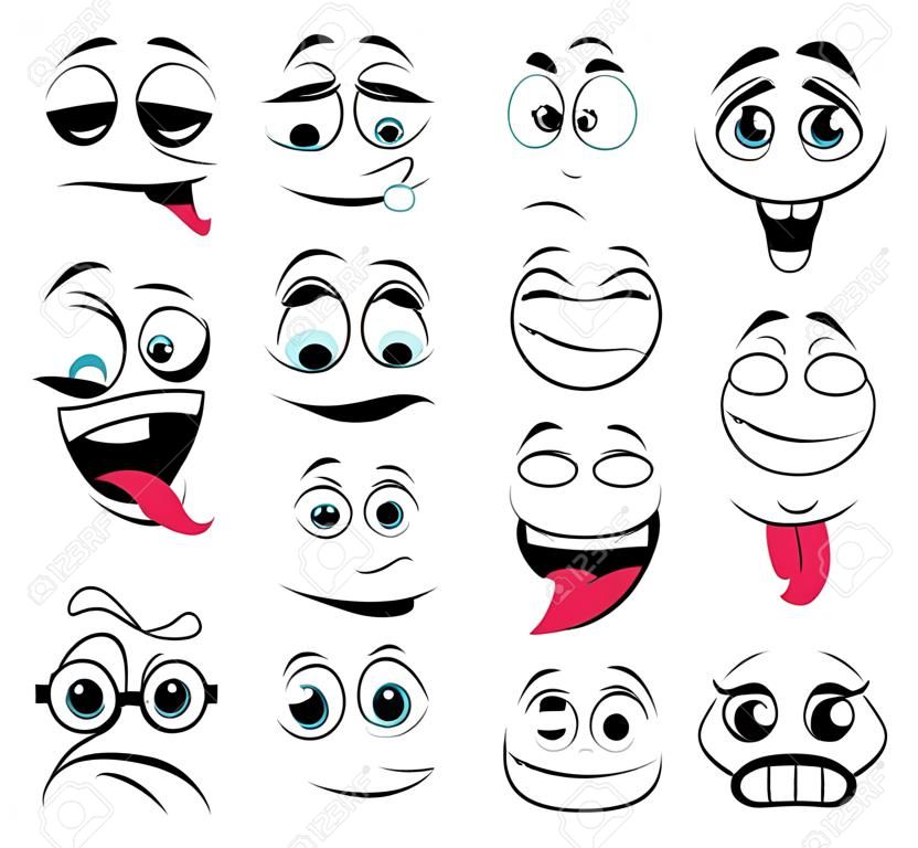 Gezichtsuitdrukking geïsoleerde vector iconen, grappige cartoon emoji fluit, schreeuwen en zweten, knash tanden, boos, lachen en verdrietig. Gezichtsgevoelens, emoticons overstuur, gelukkig en toon tong schattige gezichten set