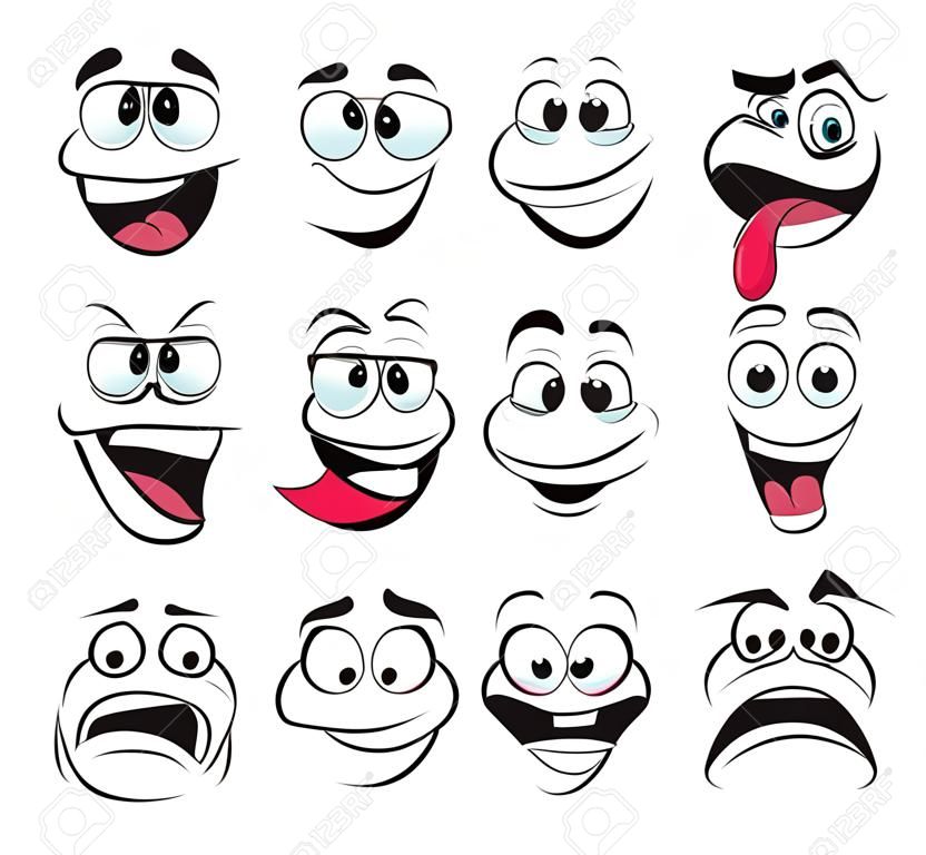 Gesichtsausdruck isolierte Vektorsymbole, lustige Cartoon-Emoji-Pfeife, Schreien und Schwitzen, Zähneknirschen, wütend, lachend und traurig. Gesichtsgefühle, Emoticons verärgert, glücklich und zeigen süße Gesichter