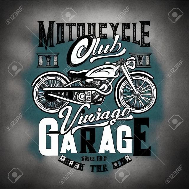 Nadruk na koszulce z niestandardowym rowerem, projekt wektora odzieży dla klubu sportowego motocykla. t shirt monochromatyczny nadruk z retro rowerem terenowym i typografią vintage garaż, na białym tle czarny emblemat grunge lub etykieta